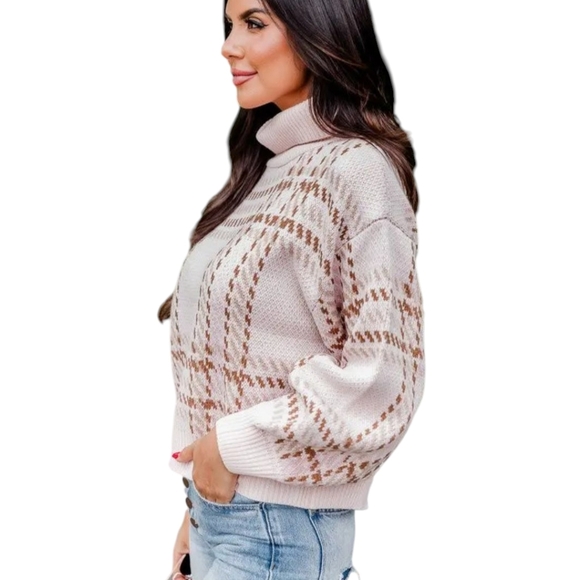 Plaid Cowl Neck Knit Cropped Boxy Sweater  Neutral blush Pink and Brown Sz S - Picture 4 of 10